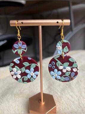 Maroon Floral Drop Earrings with Gold Hooks - Women Jewelry